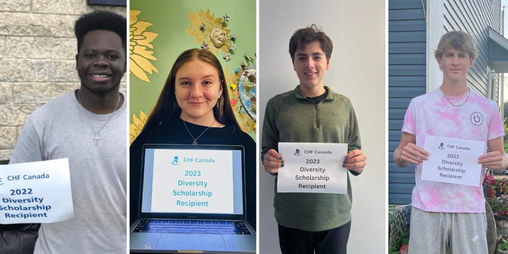 Four students hold up Diversity Scholarship signs